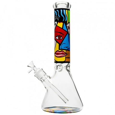 Side view of abstract glass bong with wide beaker base and colorful design – sold at Bongstar Vancouver