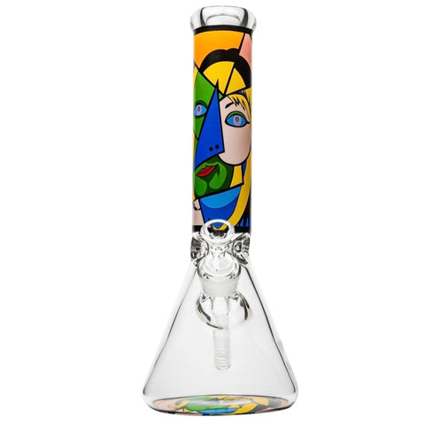 Front view of abstract glass beaker bong with colorful geometric design – Bongstar Vancouver collection