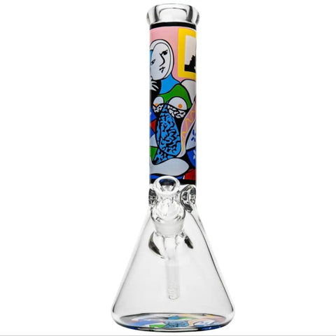 Vibrant abstract beaker bong featuring bold red and yellow details – stylish smoking piece in Canada