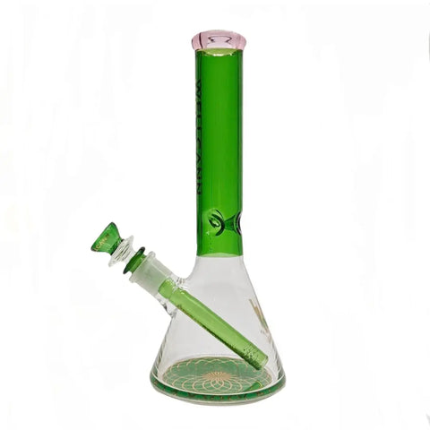Side angle of WELLCANN beaker bong with green accents – compact premium bong available in Burnaby