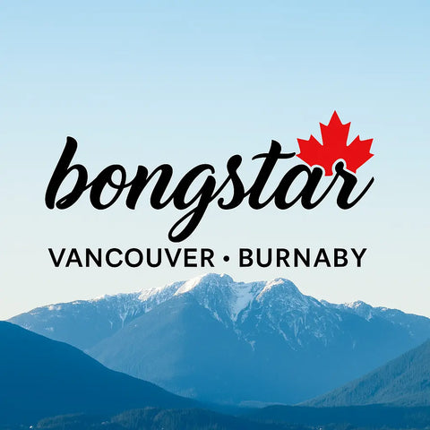 Bongstar logo with red maple leaf over Vancouver and Burnaby mountains - Canada's largest bong and smoking accessories shop