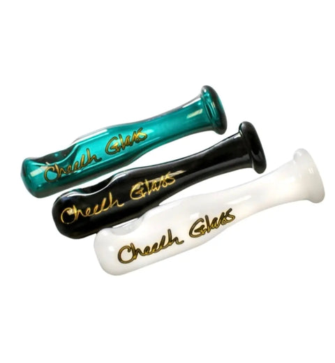 Three glass smoking pipes in teal, black, and white with 'Cheech & Chong' branding on a white background.